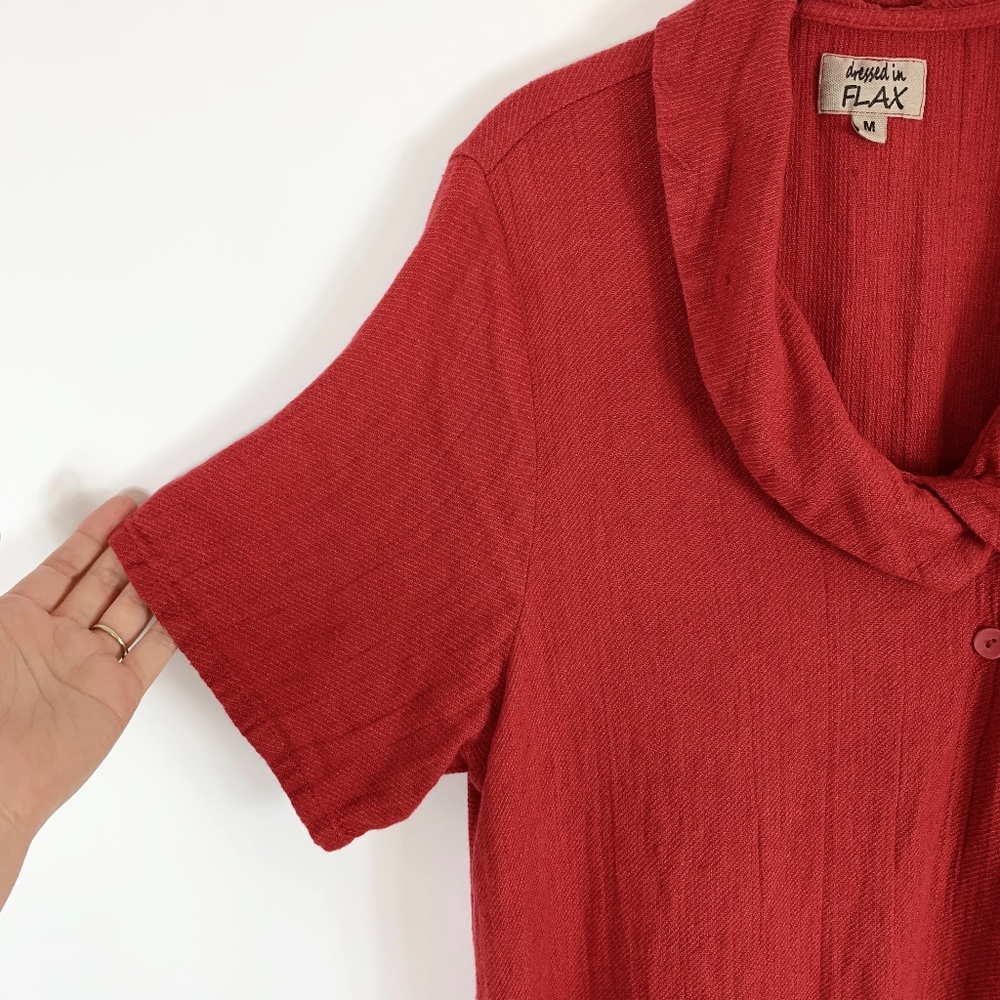 Flax Dress Med Red Collar Linen Red Asymmetrical - Picture 2 of 6